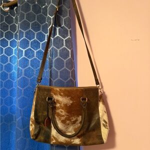 Brown and White Cowhide Leather Shoulder Bag - Women
